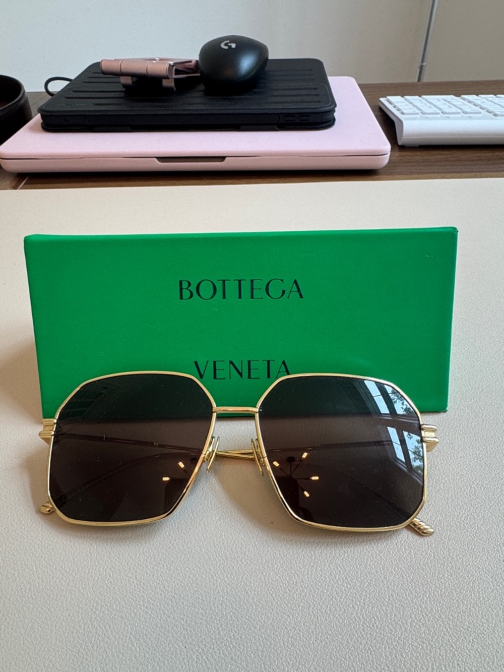 Bottega Veneta Gold Frame Sunglasses with Dark Brown Lenses